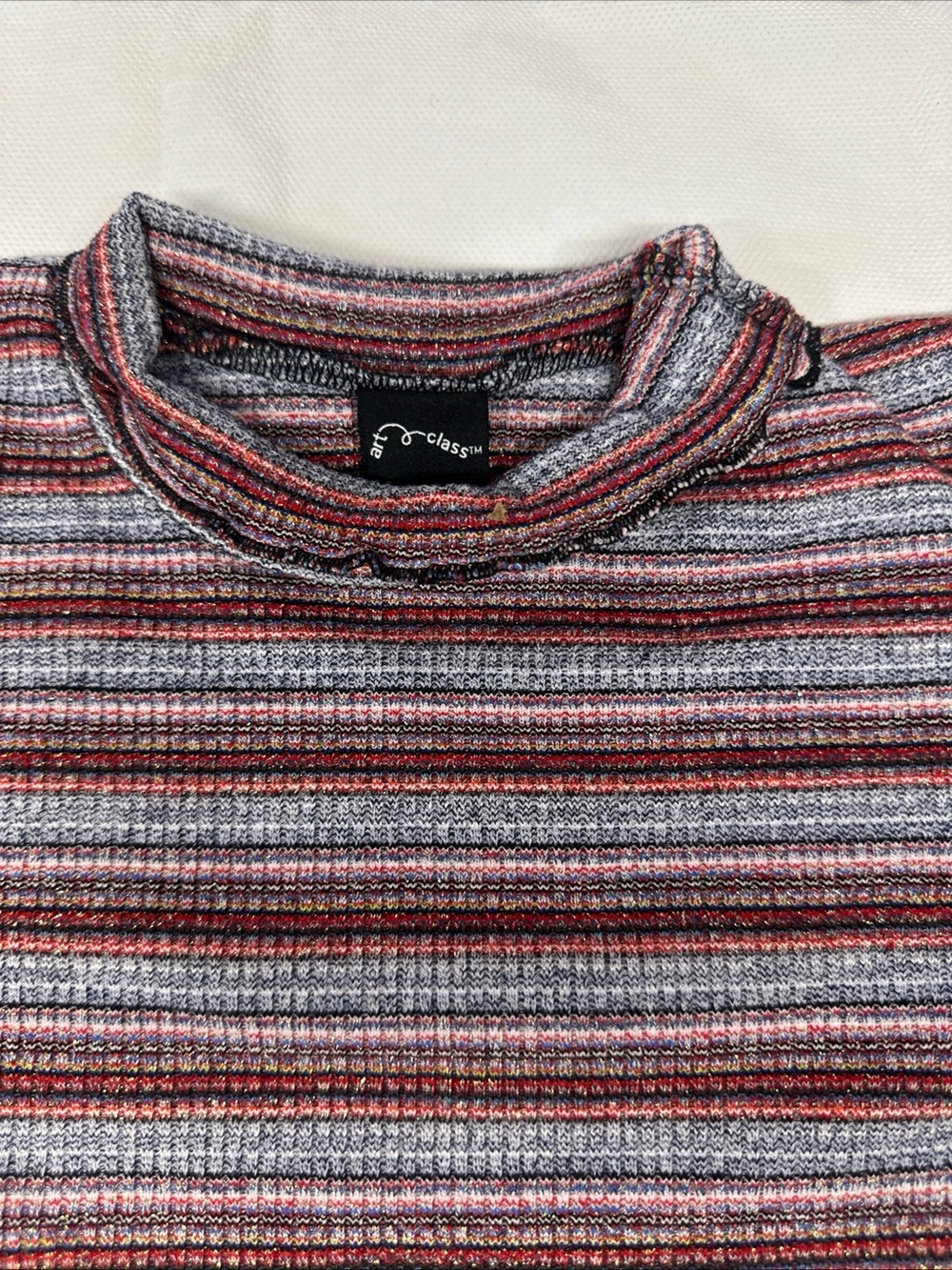Target Striped Ribbed Long-Sleeve Top in Burgundy and Light Gray - Picture 2 of 7